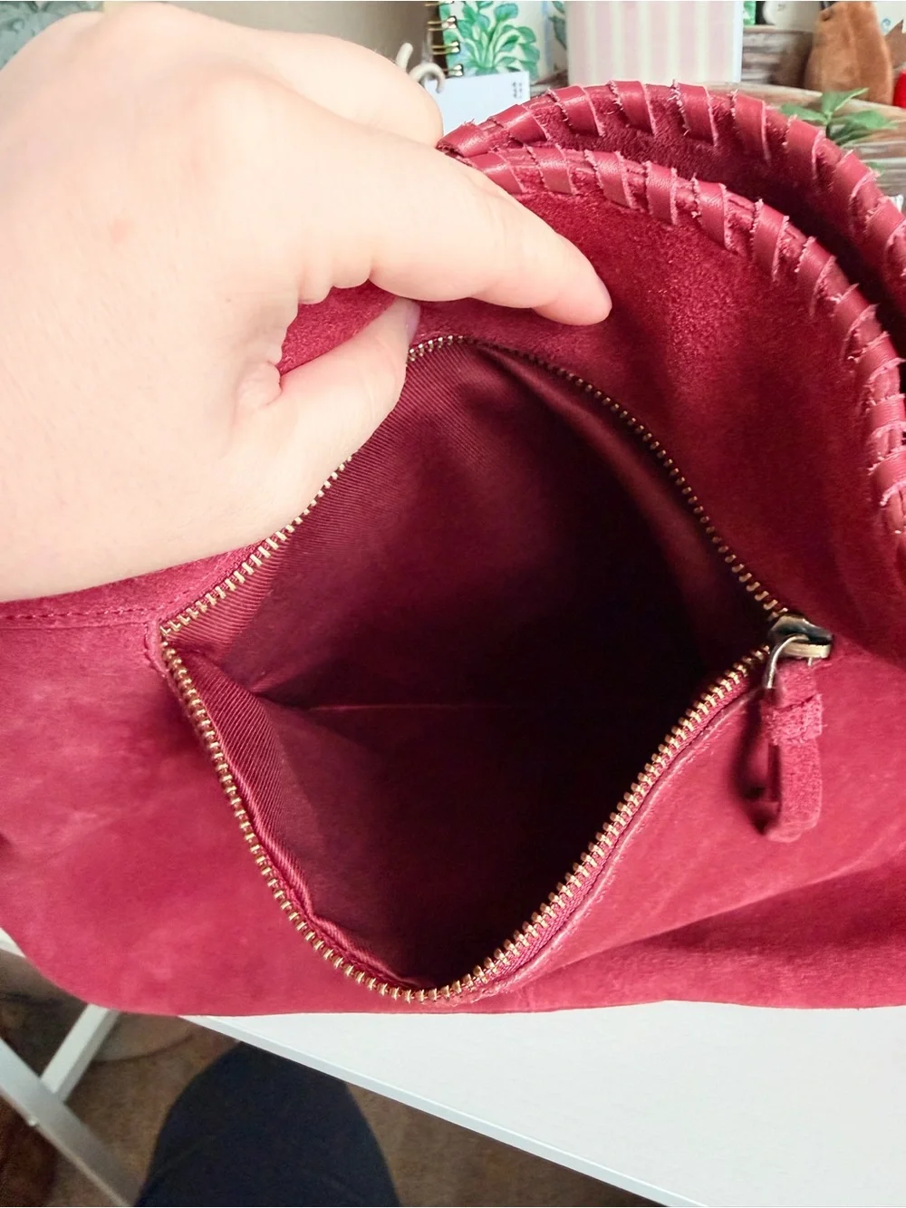 TJ Max Burgundy Suede Shoulder Tote Bag